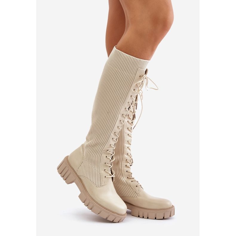 Stivaletti a calza stringati da donna con tacco piatto, Vamisha beige 1