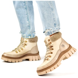 Stivali invernali da donna isolanti beige con pelliccia, stivali stringati 2