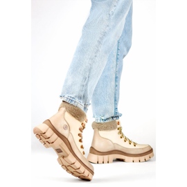 Stivali invernali da donna isolanti beige con pelliccia, stivali stringati 1