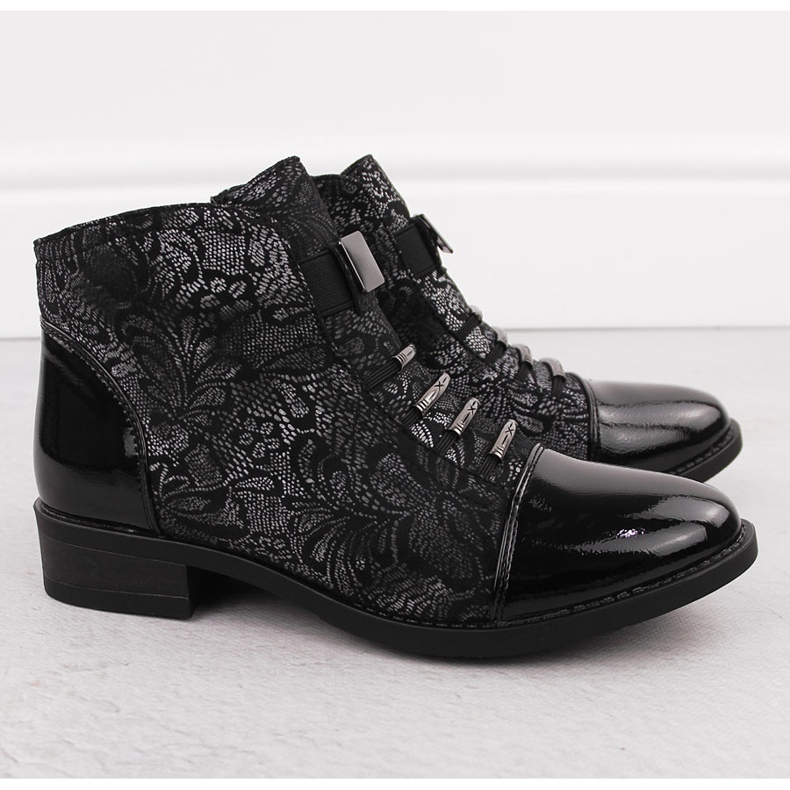 Stivaletti da donna neri con motivo floreale argento Sabatina DM24-08 nero 2