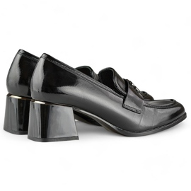 Scarpe basse in vernice nera, décolleté da donna con tacco alto nero 2