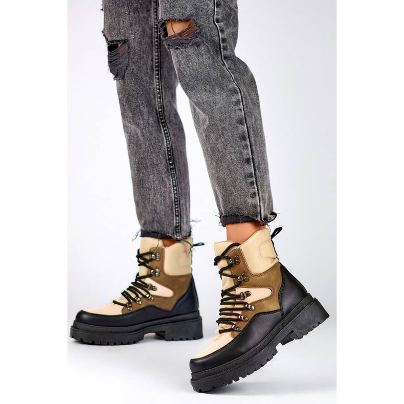 Stivaletti stringati beige e neri da donna A-852KH 2