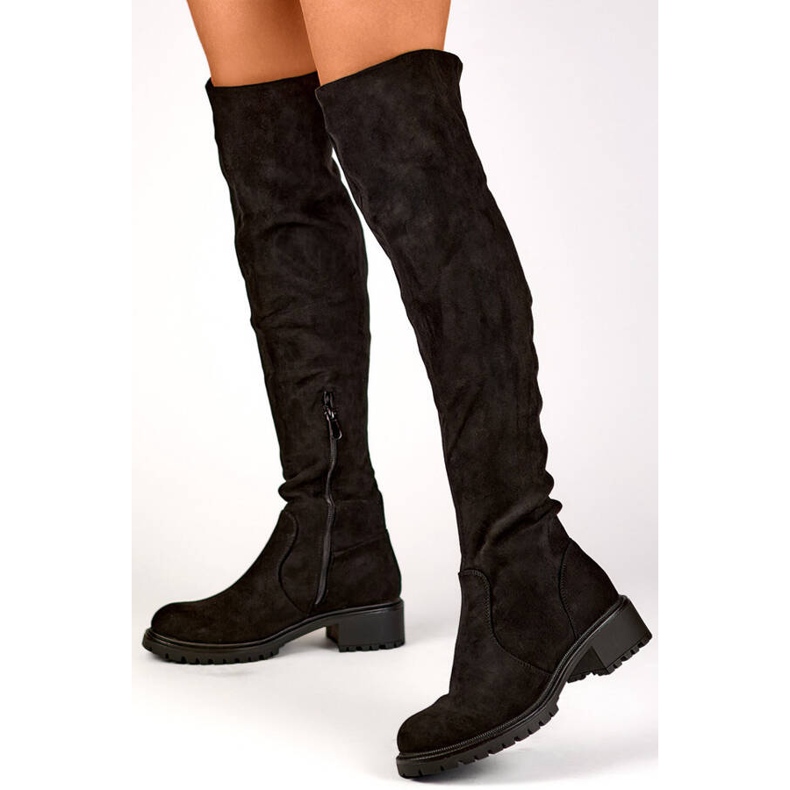 Stivali sopra il ginocchio da donna in pelle scamosciata, colore nero RQ490B 1