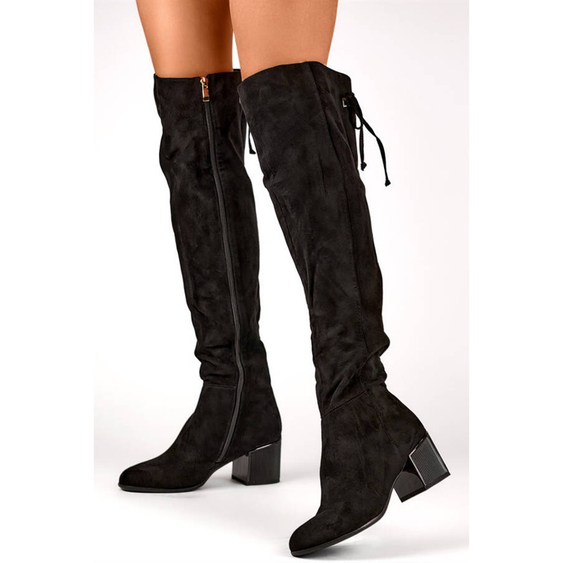 Stivali sopra il ginocchio da donna in pelle scamosciata, colore nero FL3002B 1