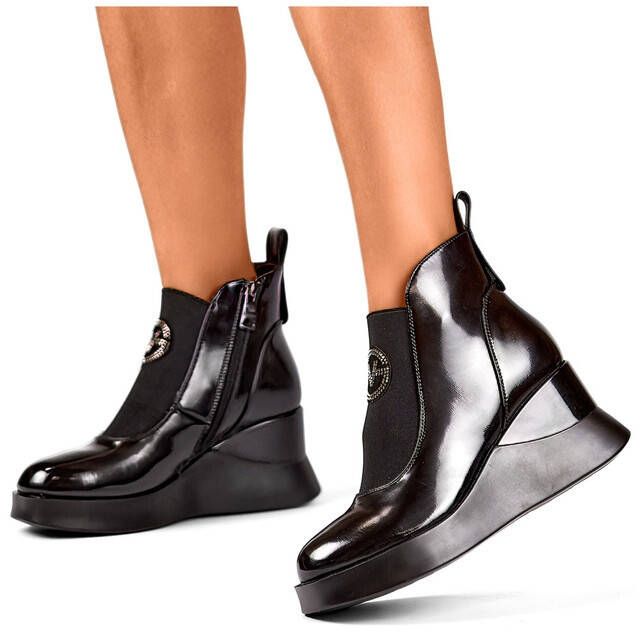 Stivali con zeppa in pelle da donna, vernice nera, 25-66703B nero 1