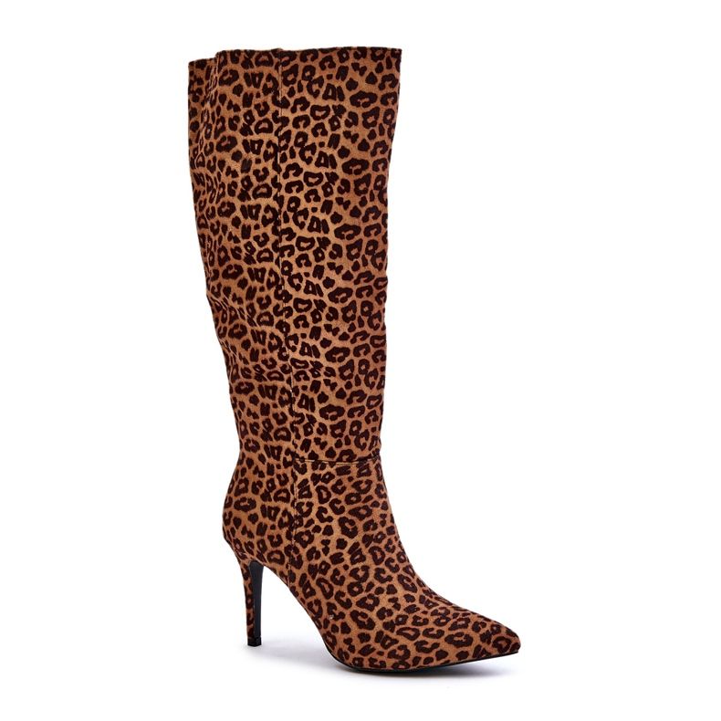 STEPHAN Stivali marroni isolati realizzati in eco-pelle scamosciata con tacco leopardato marrone 3