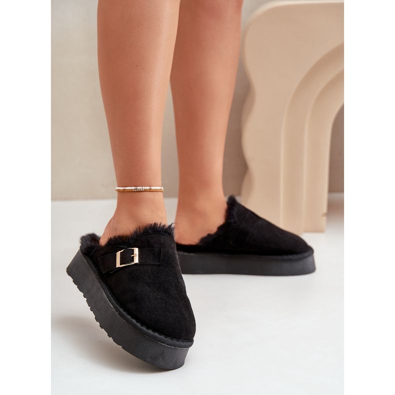 Pantofole da donna con suola spessa con pelo e fibbia, Linneola Nera nero 2