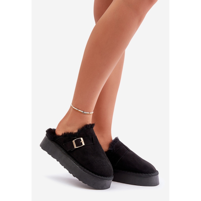 Pantofole da donna con suola spessa con pelo e fibbia, Linneola Nera nero 1