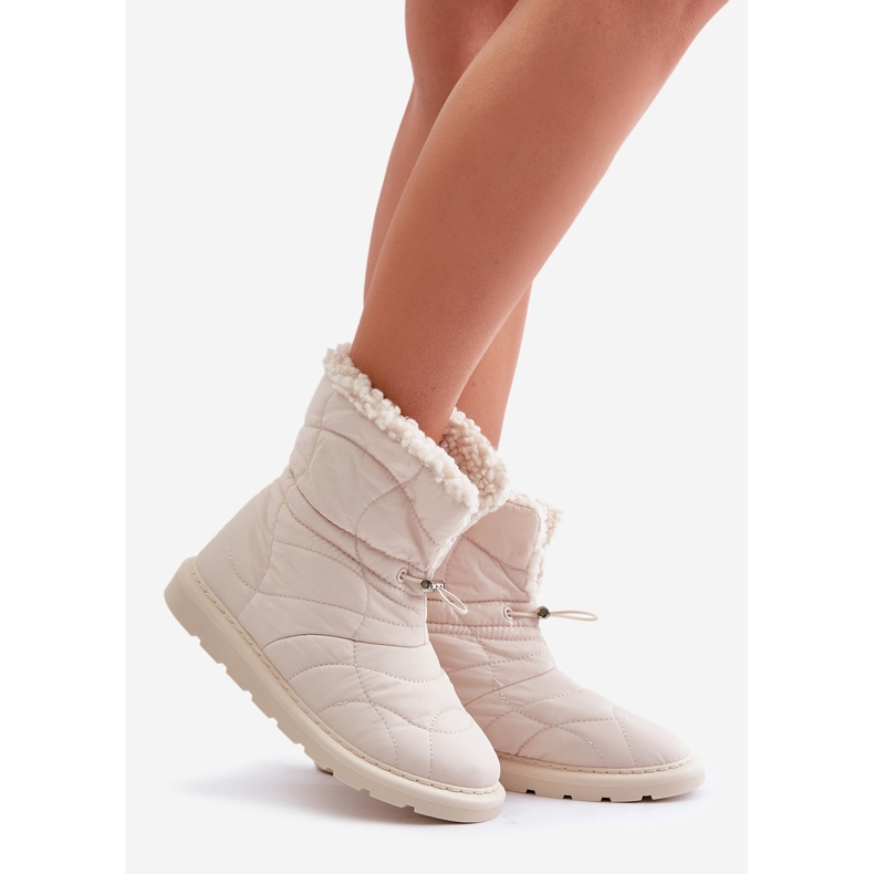 Stivali da neve da donna con coulisse isolati con pelliccia, pelle di pecora beige chiaro Vamidra 1