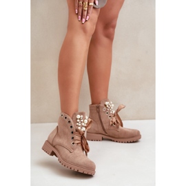 Stivali isolanti in pelle scamosciata con perle e nastro, Beige Perla 2