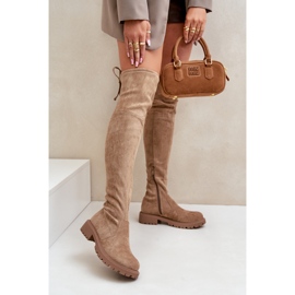Stivali sopra il ginocchio con tacco piatto in eco-camoscio, Arkelia Beige 2
