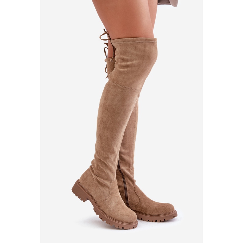 Stivali sopra il ginocchio con tacco piatto in eco-camoscio, Arkelia Beige 1