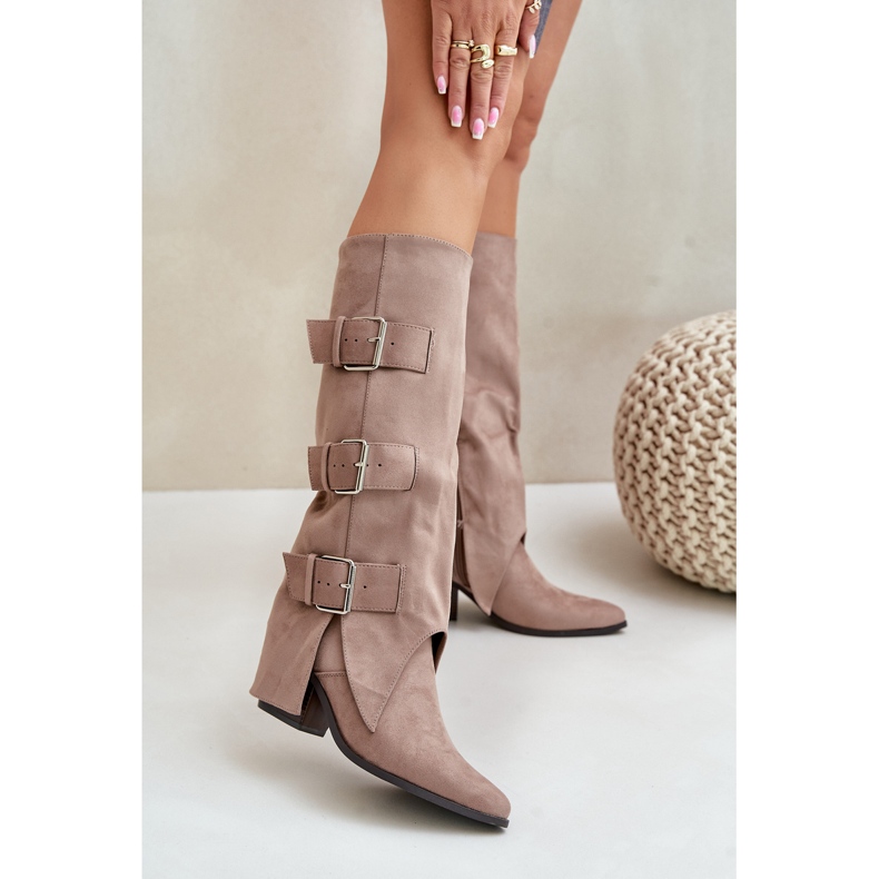 Stivali Beige con Tacco Alto, Tomaia Risvoltata e Fibbie, Vmissa Beige 2