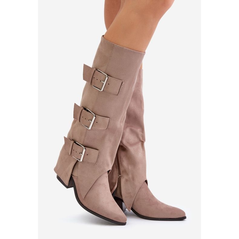 Stivali Beige con Tacco Alto, Tomaia Risvoltata e Fibbie, Vmissa Beige 1