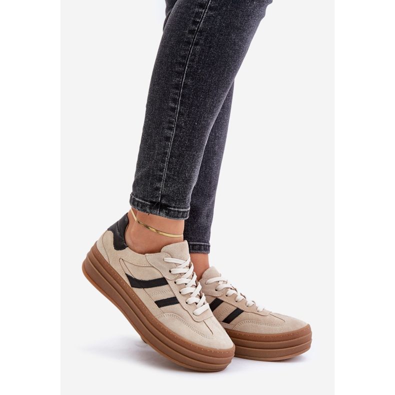 Zazoo N1176 Sneakers in pelle scamosciata con plateau, Beige 1