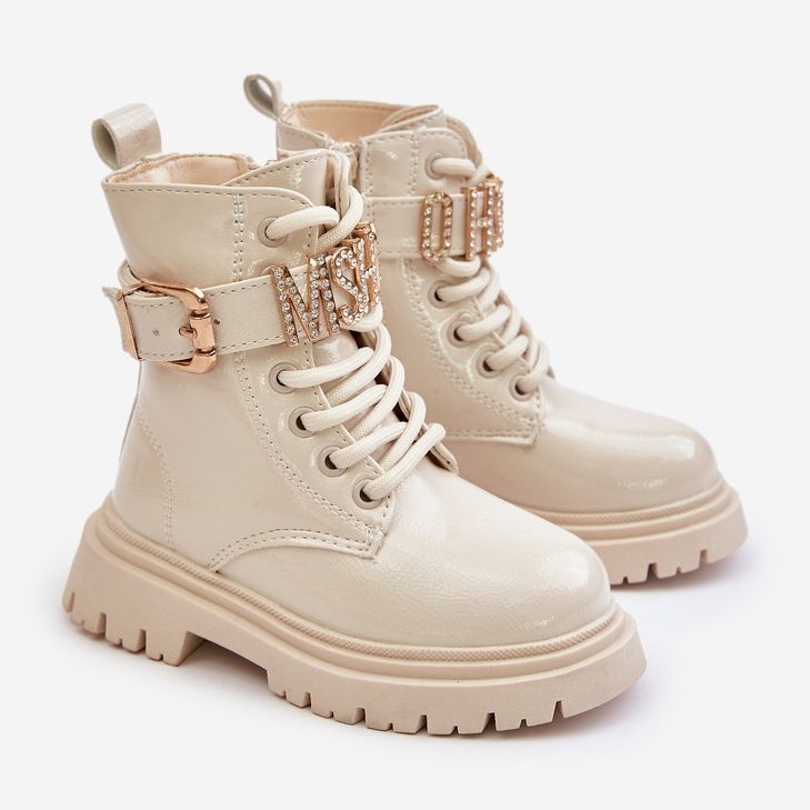 Stivali da bambina in vernice con cinturino decorativo, Gilian beige 1