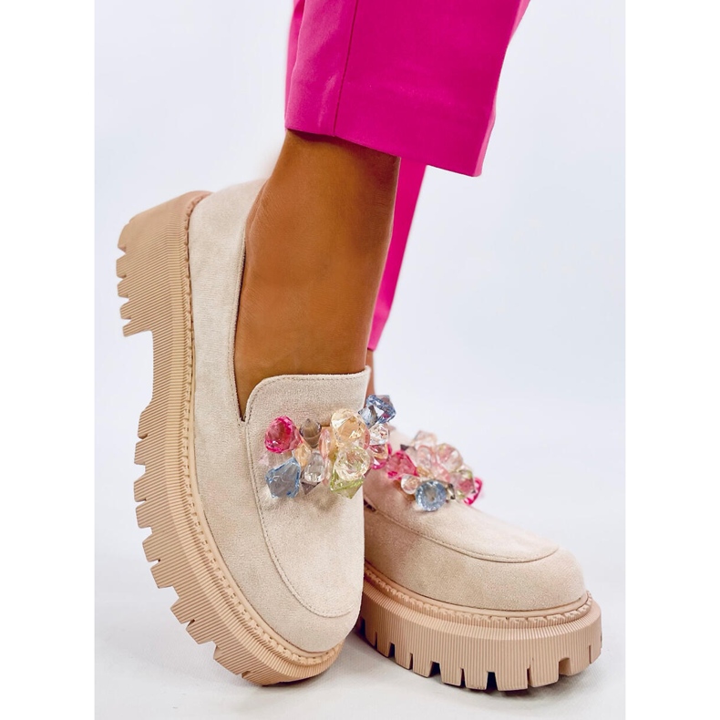 Mocassini da donna con plateau e pietre, beige 1