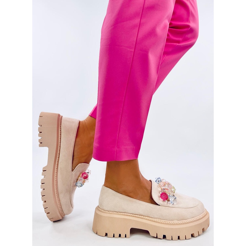 Mocassini da donna con plateau e pietre, beige 2
