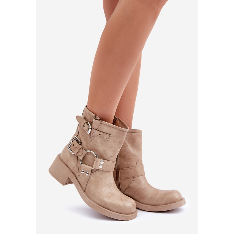 Stivali da donna in pelle con tacco basso e cinturini Zazoo 3644 Beige 1