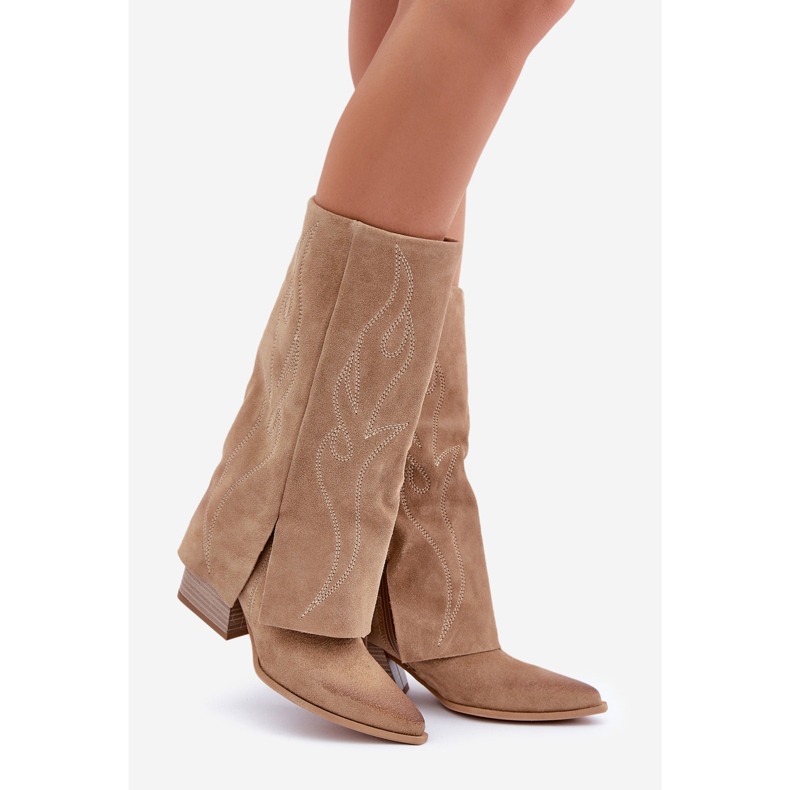 Stivali a metà polpaccio in pelle scamosciata con tacco superiore risvoltato Beige Zazoo 3487 1