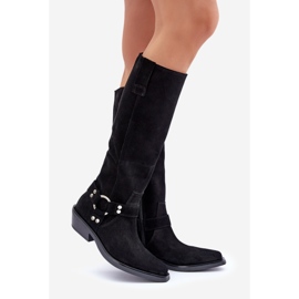 Stivali Da Cowboy In Pelle Scamosciata Con Tacco Basso Con Decorazione Zazoo 3656 Nero 1