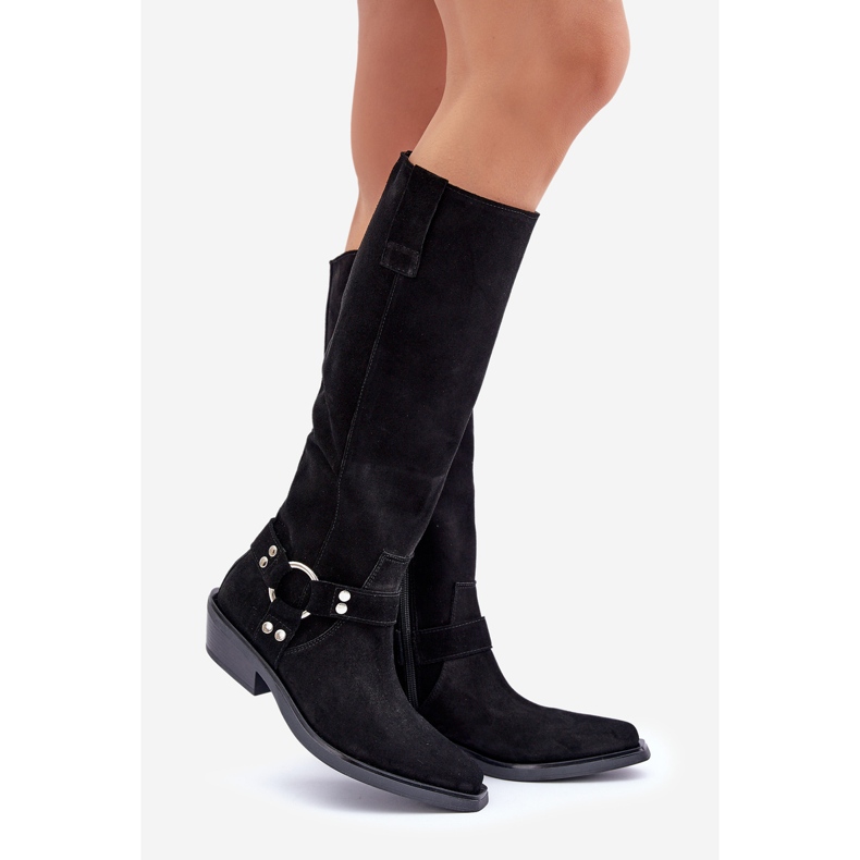 Stivali Da Cowboy In Pelle Scamosciata Con Tacco Basso Con Decorazione Zazoo 3656 Nero 1