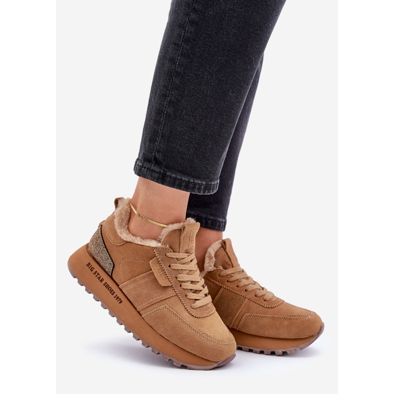 Sneakers da donna in pelle scamosciata con pelliccia ed elemento lucido Big Star OO274578 Sistema Hi-Poly Camel marrone 1