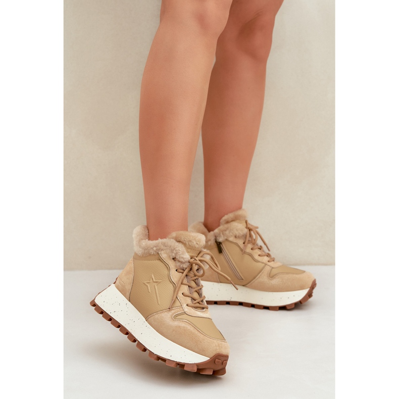 Sneakers Trapper da donna in pelle con pelliccia sulla piattaforma Big Star OO274A330 Beige 2