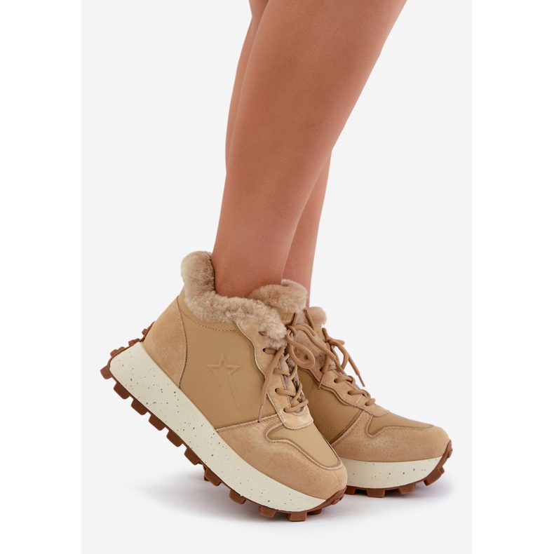 Sneakers Trapper da donna in pelle con pelliccia sulla piattaforma Big Star OO274A330 Beige 1