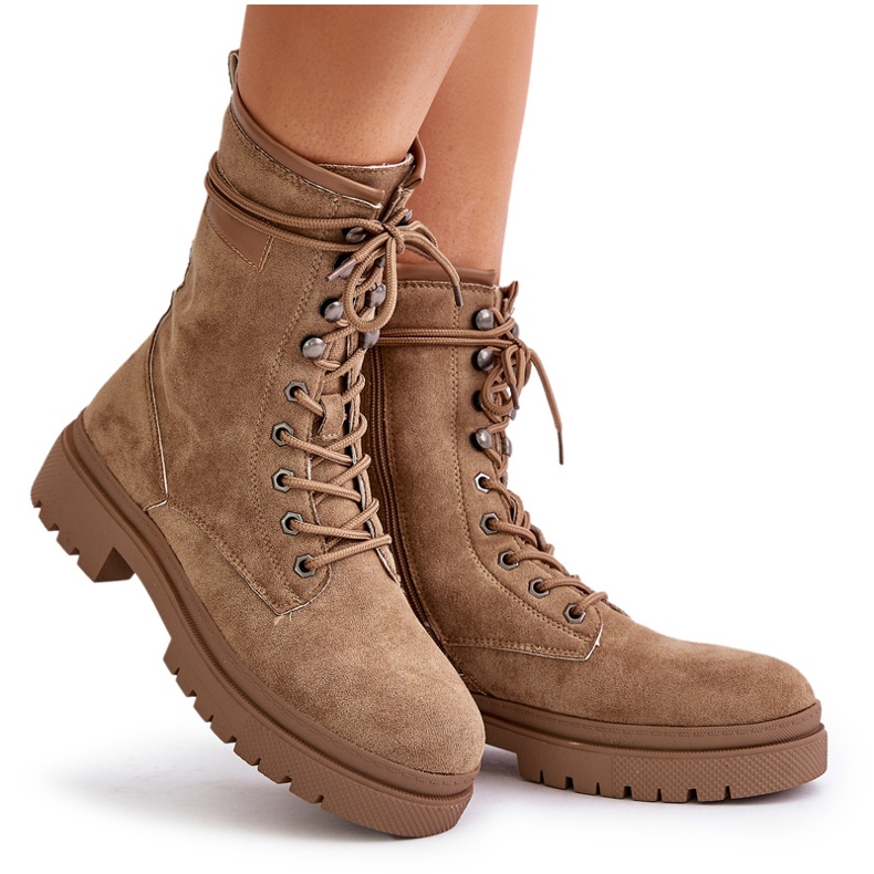 Stivali Worker Da Donna Con Cerniera Realizzati In Eco Camoscio, Beige Scuro 4