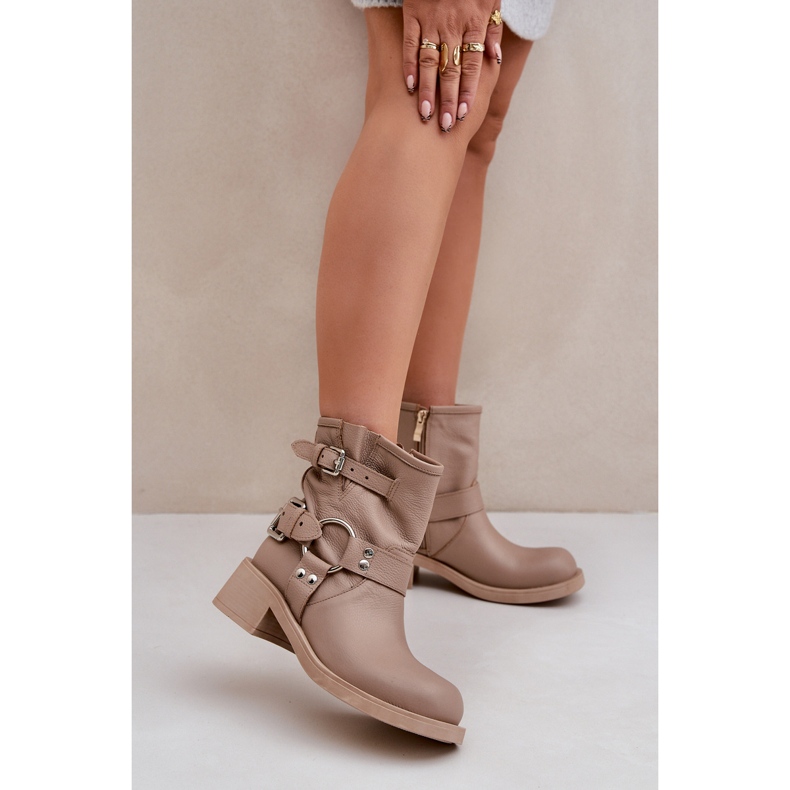 Stivali da donna in pelle con tacco basso e cinturini Zazoo 3644 Beige 2