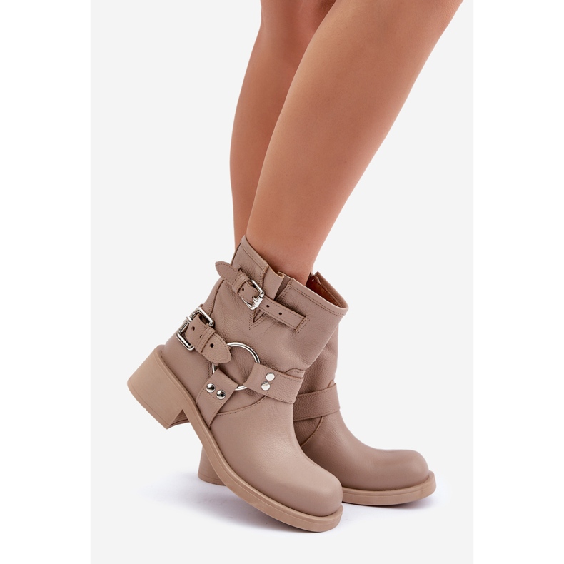Stivali da donna in pelle con tacco basso e cinturini Zazoo 3644 Beige 1