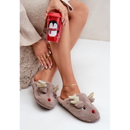 Pantofole natalizie con motivo di renne, pelose, beige scuro 2