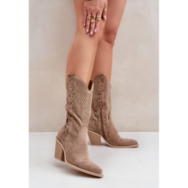 Stivali da cowboy traforati su tacco alto, beige scuro 2