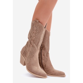 Stivali da cowboy traforati su tacco alto, beige scuro 1