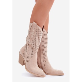 Stivali Da Cowboy Traforati Su Un Tacco Alto, Beige Chiaro 1