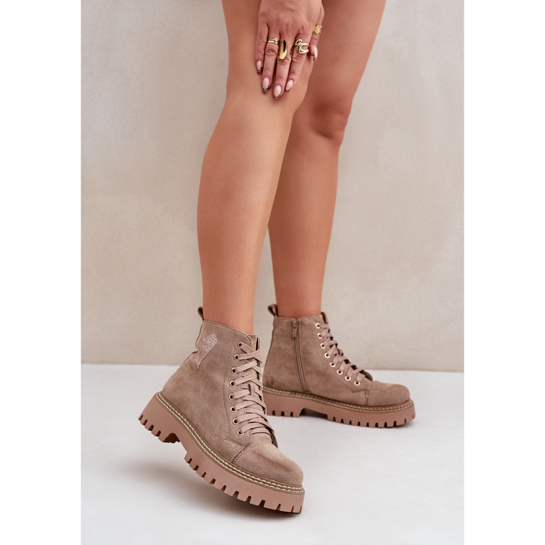 Stivaletti da donna con cuore glitterato, beige scuro 2
