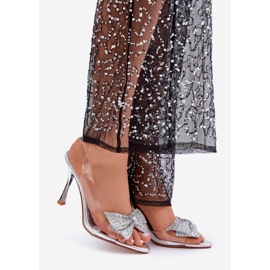 Sandali con tacco alto argento trasparente con fiocco argento lucido d'argento 1