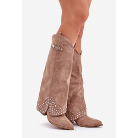 Stivali beige scuro con tomaia risvoltata su tacco alto 1