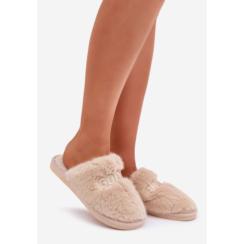Ciabatte da donna con pelliccia e scritta, beige 1
