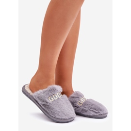 Ciabatte da donna con pelliccia e scritta, grigie grigio 1