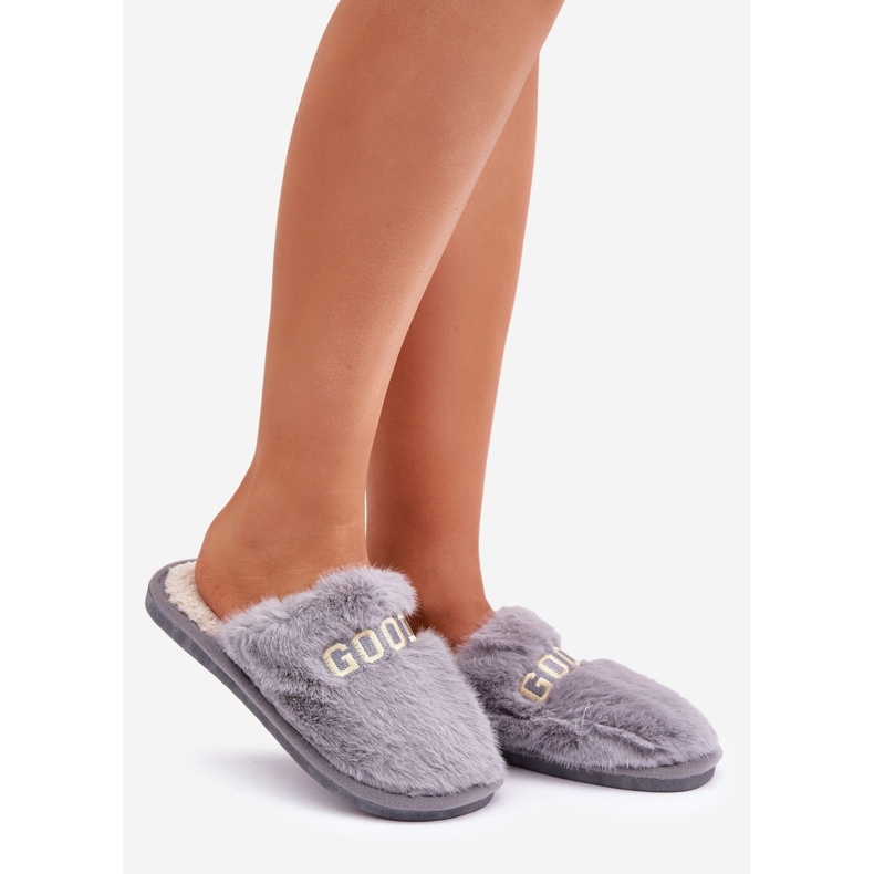 Ciabatte da donna con pelliccia e scritta, grigie grigio 1
