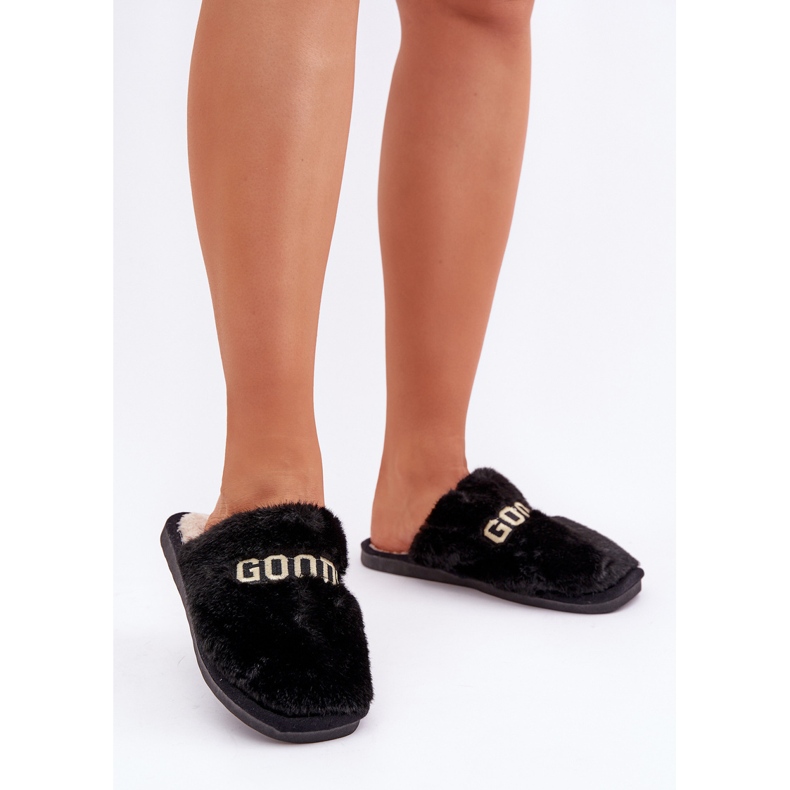 Ciabatte da donna con pelliccia e scritta, nere nero 2