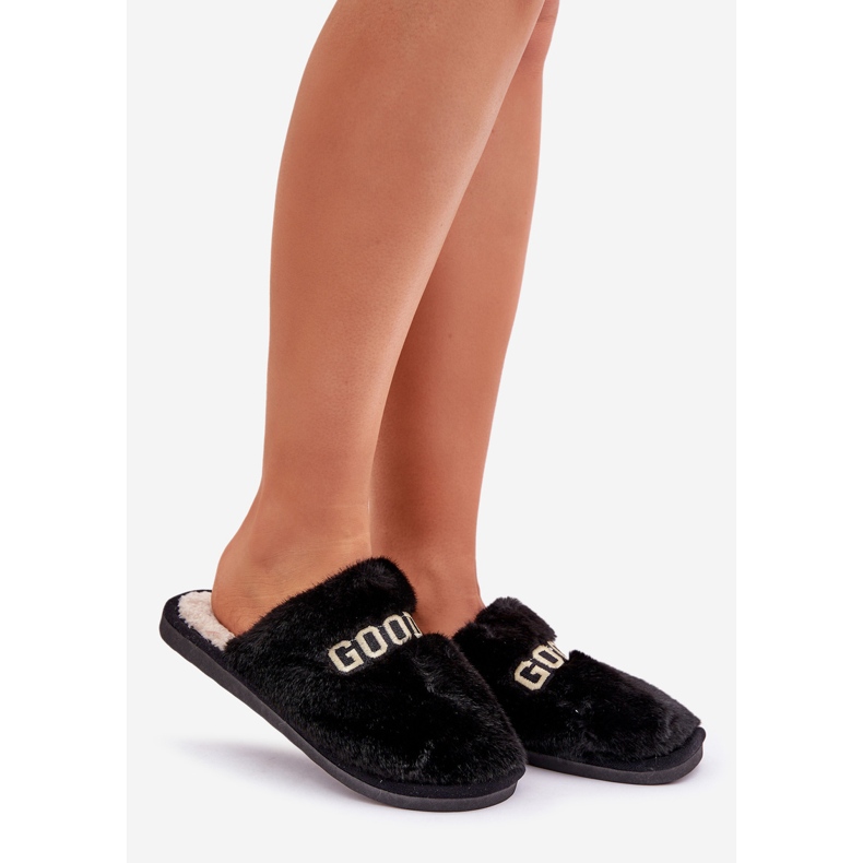 Ciabatte da donna con pelliccia e scritta, nere nero 1