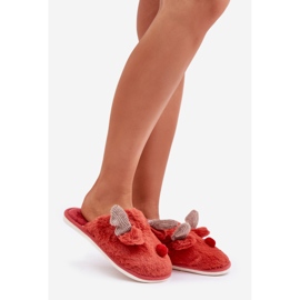 Pantofole da donna in pelliccia con motivo di renne, corallo rosso 1