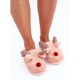 Pantofole da donna in pelliccia con motivo di renne, rosa 2