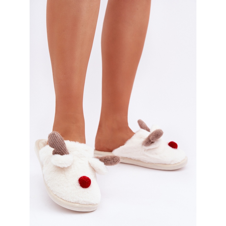 Pantofole Da Donna In Pelliccia Con Motivo Renna, Bianco 2