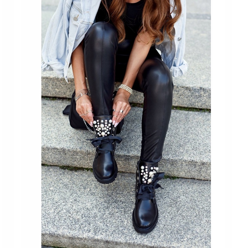 Ideal Stivali caldi da donna con perle e nastro nero 3