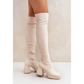 Stivali da donna beige chiaro con tacco stabile 1