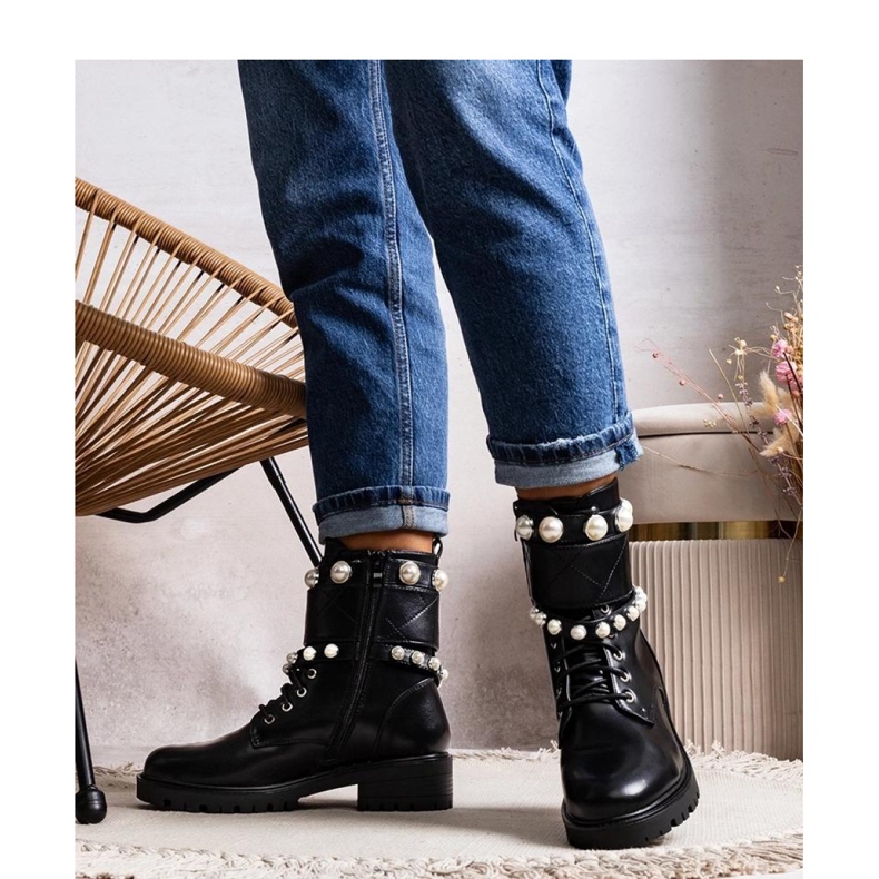 Solea Stivaletti stringati da donna neri con perle nero 1